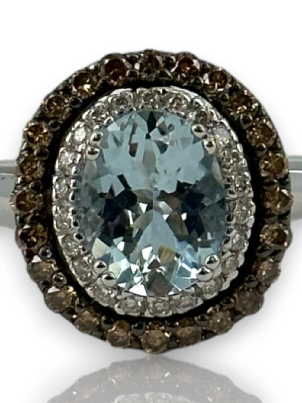 LeVian 14kt White Gold Aquamarine Ring Double Halo Diamonds Size 7.5